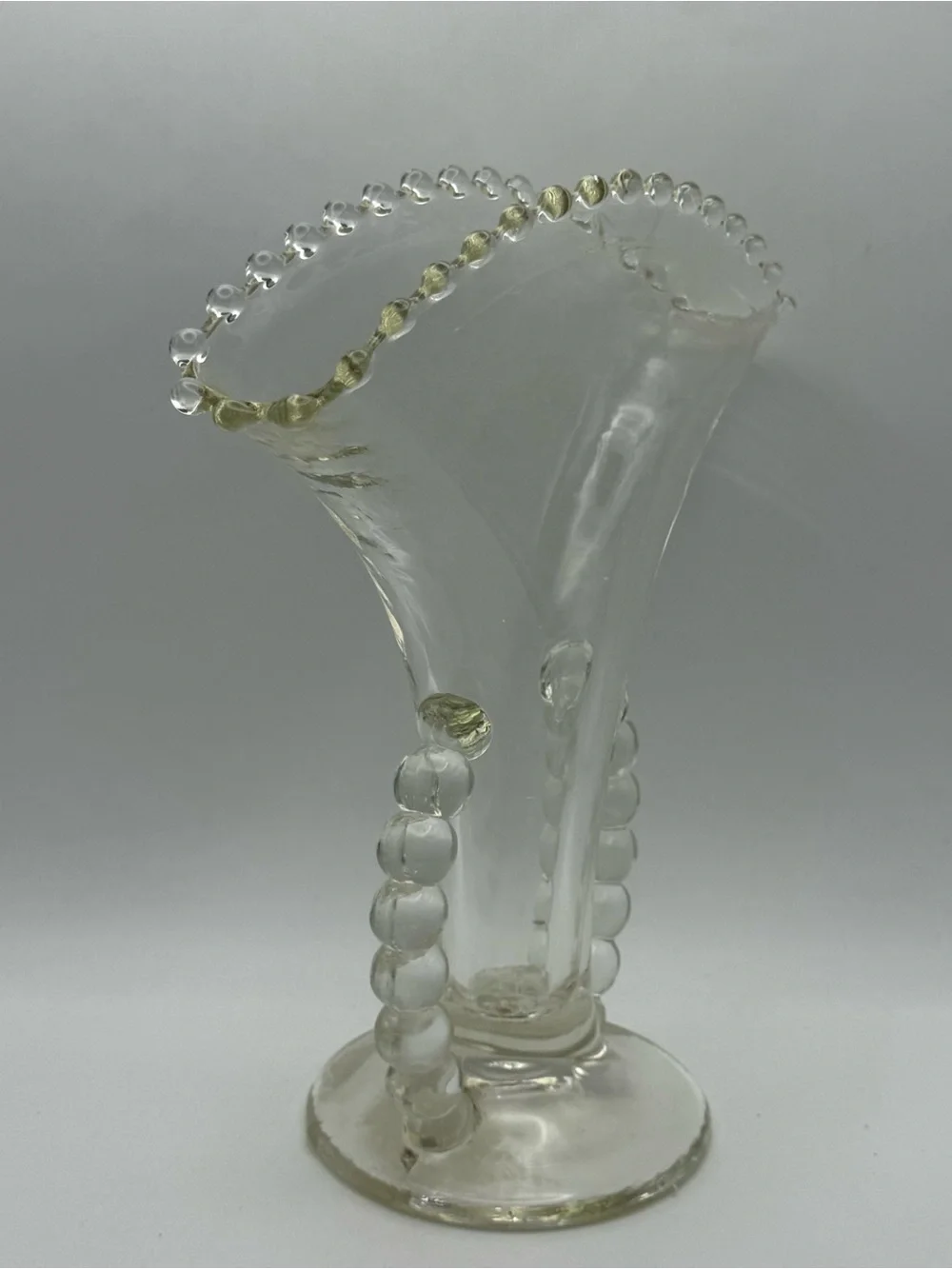 Vintage Imperial Glass Candlewick Clear Fan Vase Beaded Handles